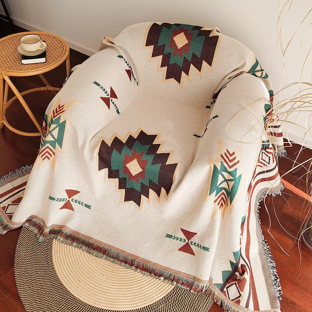 Boho Throw Blanket Fringe - Couverture aztèque Boho surdimensionnée avec frange,