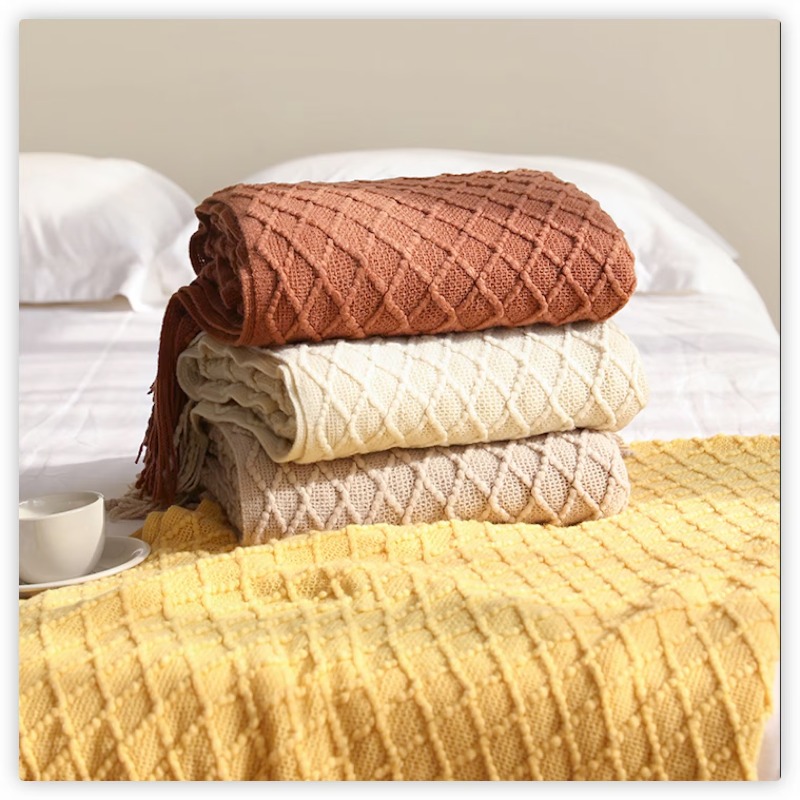 Boho Throw Blanket Fringe - Couverture en tricot de diamant Textile