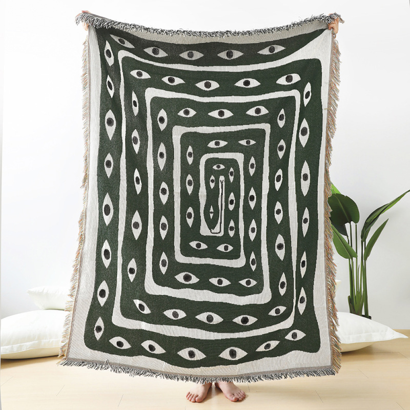 Boho Throw Blanket Fringe - Plaid Jacquard Vert et Blanc à
